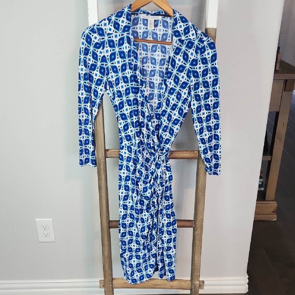 Maggy London Blue and White Sheath Dress with Notched Collar
